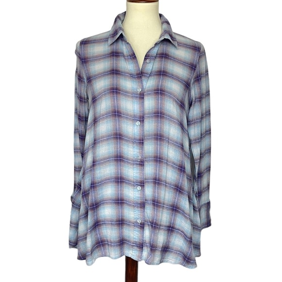 Free People Shirt Womens 0 Blue Purple Plaid Button Down 100% Cotton Lightweight - Picture 3 of 12
